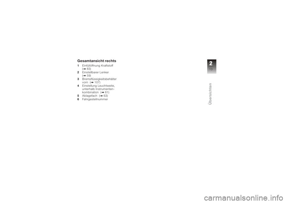 BMW MOTORRAD K 1200 GT 2006  Betriebsanleitung (in German) Gesamtansicht rechts1Einfüllöffnung Kraftstoff
( 83)
2 Einstellbarer Lenker
( 59)
3 Bremsflüssigkeitsbehälter
vorn ( 107)
4 Einstellung Leuchtweite,
unterhalb Instrumenten-
kombination ( 61)
5 Abl