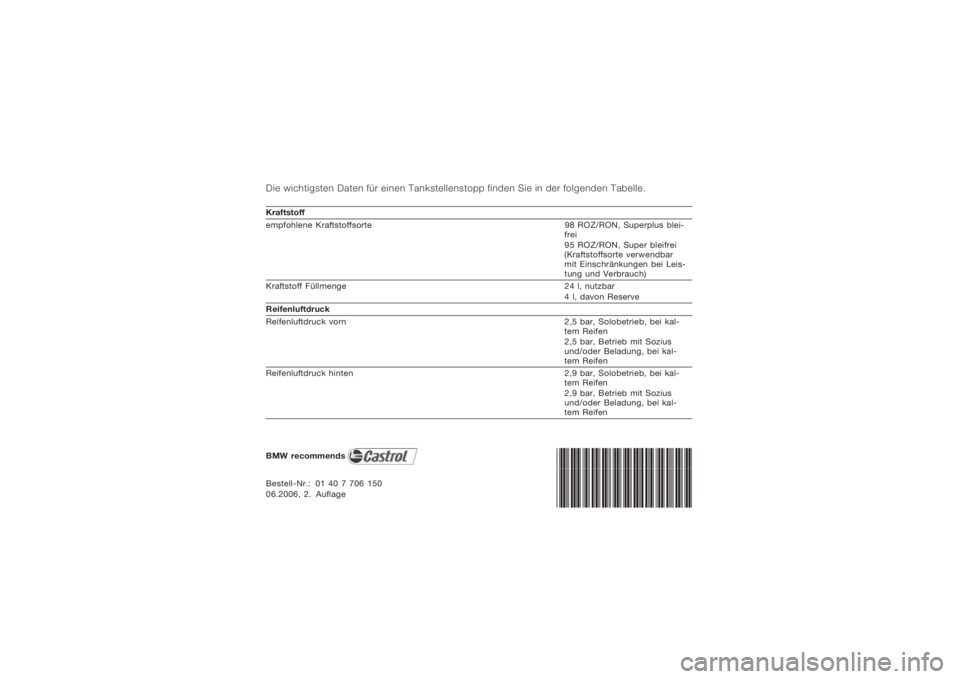 BMW MOTORRAD K 1200 GT 2006  Betriebsanleitung (in German) Die wichtigsten Daten für einen Tankstellenstopp finden Sie in der folgenden Tabelle.Kraftstoff
empfohlene Kraftstoffsorte98 ROZ/RON, Superplus blei-
frei
95 ROZ/RON, Super bleifrei
(Kraftstoffsorte 