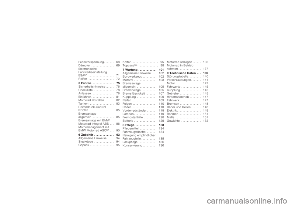 BMW MOTORRAD K 1200 GT 2006  Betriebsanleitung (in German) Federvorspannung . . . . . . . 68
Dämpfer . . . . . ........... 69
Elektronische
Fahrwerkseinstellung
ESA
SA
.................. 71
Reifen . ................. 72
5 Fahren . . . . . . .......... 75
Sic