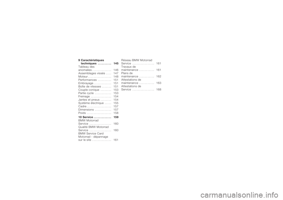 BMW MOTORRAD K 1200 GT 2006  Livret de bord (in French) 9 Caractéristiquestechniques . ......... 145
Tableau des
anomalies . ............. 146
Assemblages vissés . . . . 147
Moteur . . . . ............. 148
Performances . ......... 151
Embrayage ........