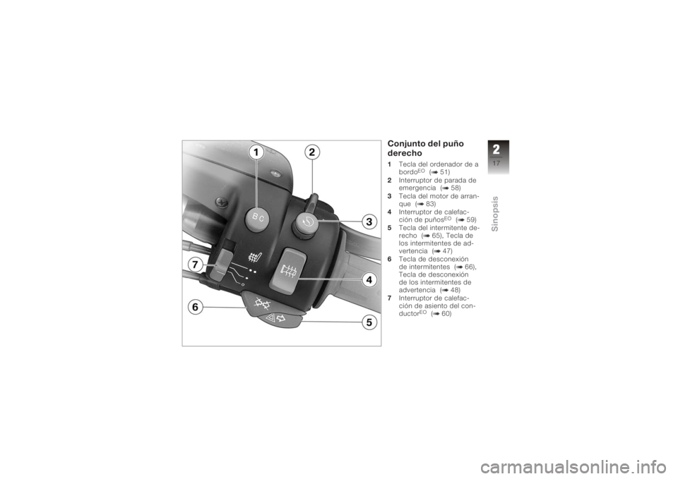 BMW MOTORRAD K 1200 GT 2006  Manual de instrucciones (in Spanish) Conjunto del puño
derecho1Tecla del ordenador de a
bordo
EO
( 51)
2 Interruptor de parada de
emergencia ( 58)
3 Tecla del motor de arran-
que ( 83)
4 Interruptor de calefac-
ción de puños
EO
( 59)

