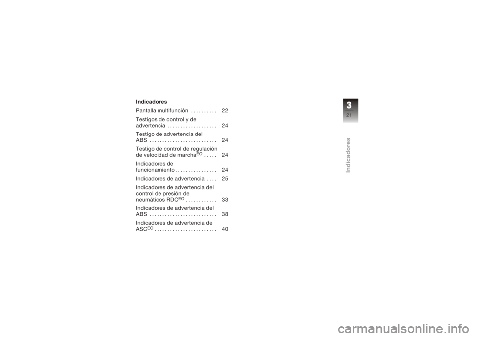 BMW MOTORRAD K 1200 GT 2006  Manual de instrucciones (in Spanish) Indicadores
Pantalla multifunción . . . . . . . . . . 22
Testigos de control y de
advertencia . . . . . . . . . . . . . . . . . . . 24
Testigo de advertencia del
ABS .......................... 24
Tes