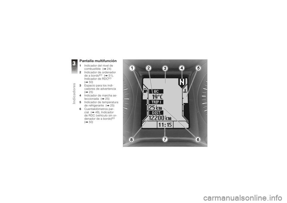 BMW MOTORRAD K 1200 GT 2006  Manual de instrucciones (in Spanish) Pantalla multifunción1Indicador del nivel de
combustible ( 24)
2 Indicador de ordenador
de a bordo
EO
( 51),
Indicador de RDC
EO
( 50)
3 Espacio para los indi-
cadores de advertencia
( 25)
4 Indicado