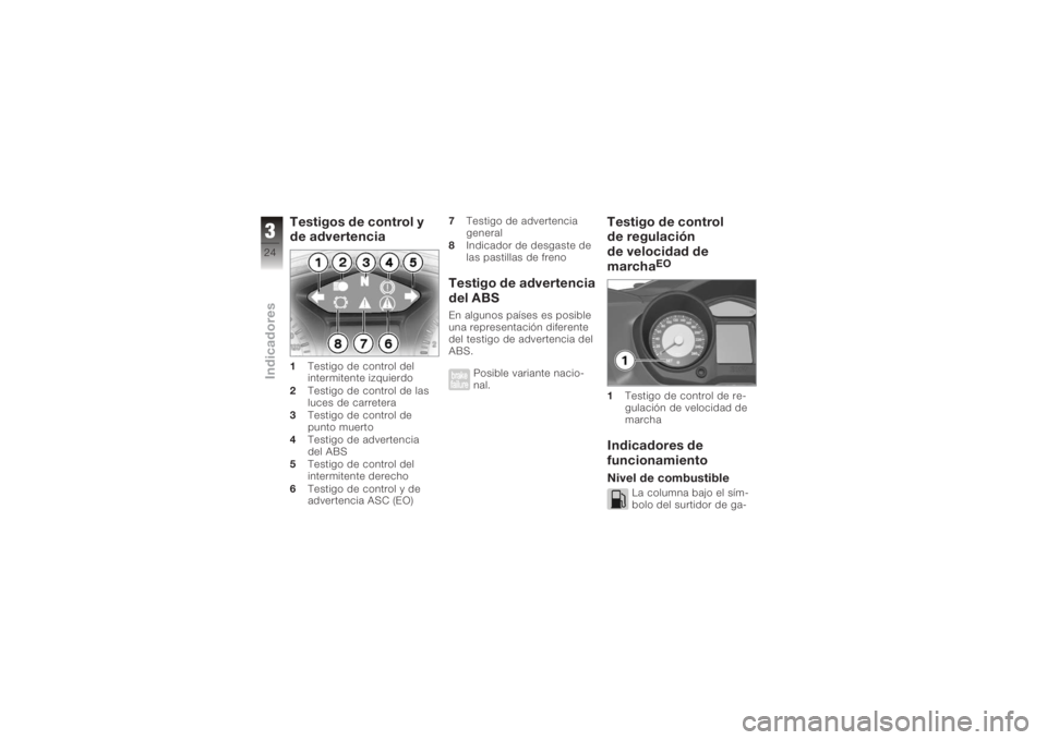 BMW MOTORRAD K 1200 GT 2006  Manual de instrucciones (in Spanish) Testigos de control y
de advertencia1Testigo de control del
intermitente izquierdo
2 Testigo de control de las
luces de carretera
3 Testigo de control de
punto muerto
4 Testigo de advertencia
del ABS
