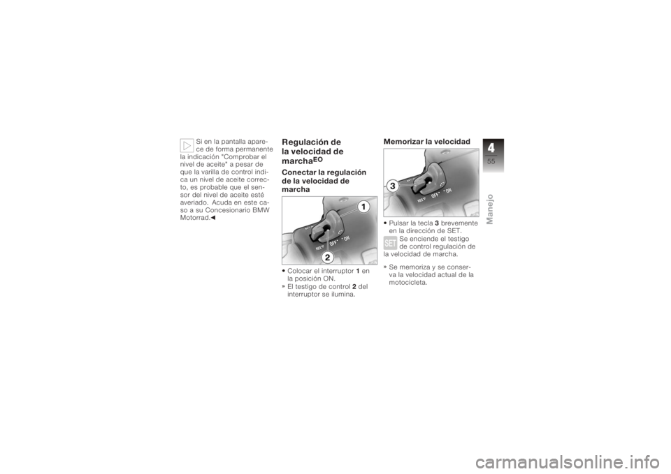 BMW MOTORRAD K 1200 GT 2006  Manual de instrucciones (in Spanish) Si en la pantalla apare-
ce de forma permanente
la indicación "Comprobar el
nivel de aceite" a pesar de
que la varilla de control indi-
ca un nivel de aceite correc-
to, es probable que el se