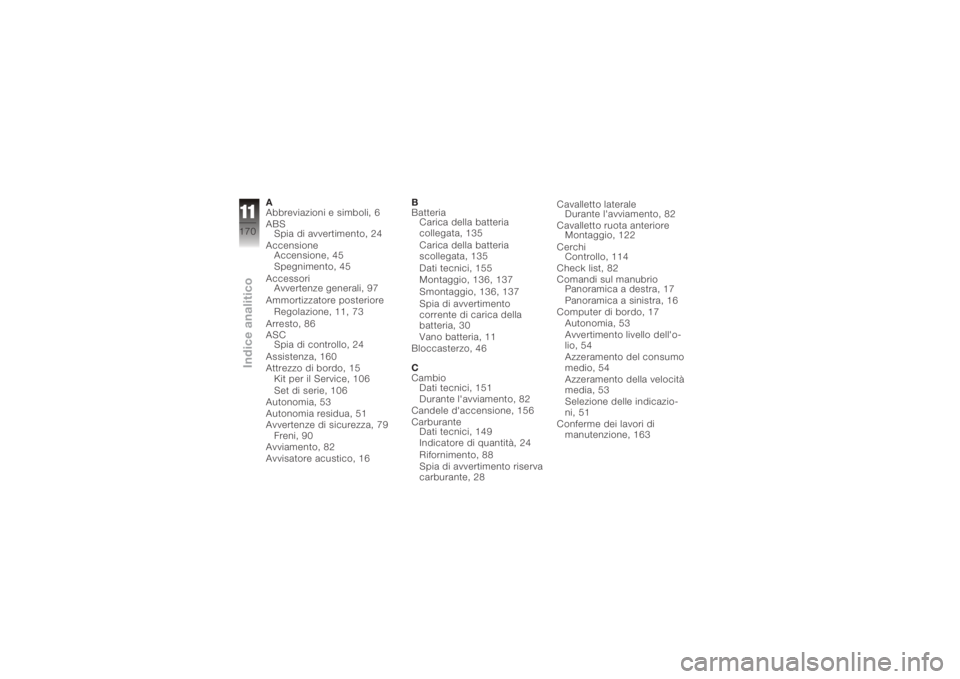 BMW MOTORRAD K 1200 GT 2006 Libretto di uso e manutenzione (in Italian) A
Abbreviazioni e simboli, 6
ABSSpia di avvertimento, 24
Accensione Accensione, 45
Spegnimento, 45
Accessori Avvertenze generali, 97
Ammortizzatore posteriore Regolazione, 11, 73
Arresto, 86
ASC Spia BMW MOTORRAD K 1200 GT 2006 Libretto di uso e manutenzione (in Italian) A
Abbreviazioni e simboli, 6
ABSSpia di avvertimento, 24
Accensione Accensione, 45
Spegnimento, 45
Accessori Avvertenze generali, 97
Ammortizzatore posteriore Regolazione, 11, 73
Arresto, 86
ASC Spia