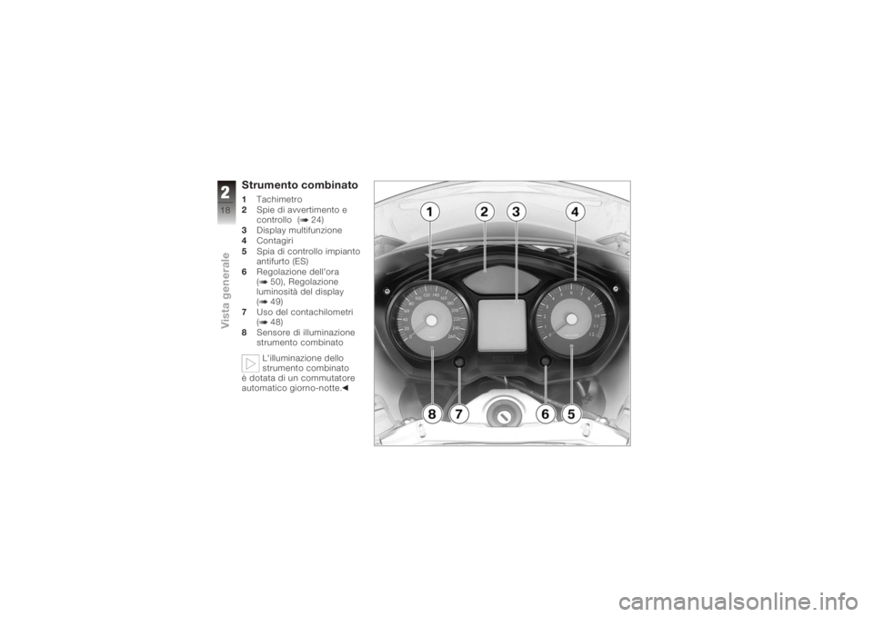 BMW MOTORRAD K 1200 GT 2006  Libretto di uso e manutenzione (in Italian) Strumento combinato1Tachimetro
2 Spie di avvertimento e
controllo ( 24)
3 Display multifunzione
4 Contagiri
5 Spia di controllo impianto
antifurto (ES)
6 Regolazione dell'ora
( 50), Regolazione
lu