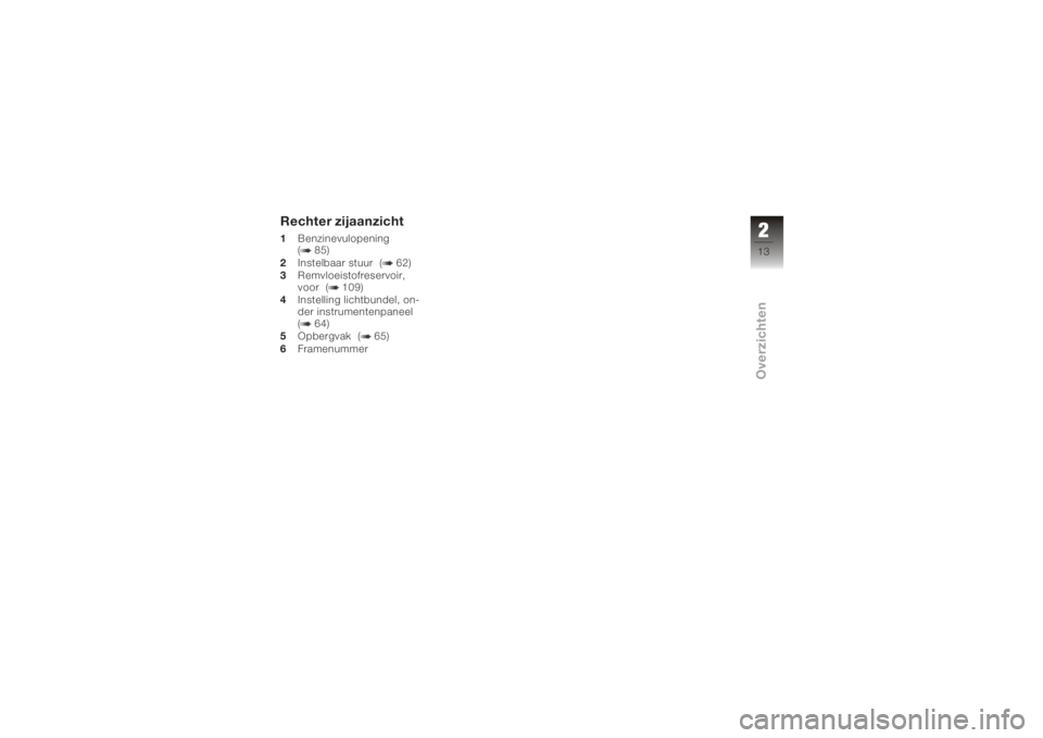 BMW MOTORRAD K 1200 GT 2006  Handleiding (in Dutch) Rechter zijaanzicht1Benzinevulopening
( 85)
2 Instelbaar stuur ( 62)
3 Remvloeistofreservoir,
voor ( 109)
4 Instelling lichtbundel, on-
der instrumentenpaneel
( 64)
5 Opbergvak ( 65)
6 Framenummer
213