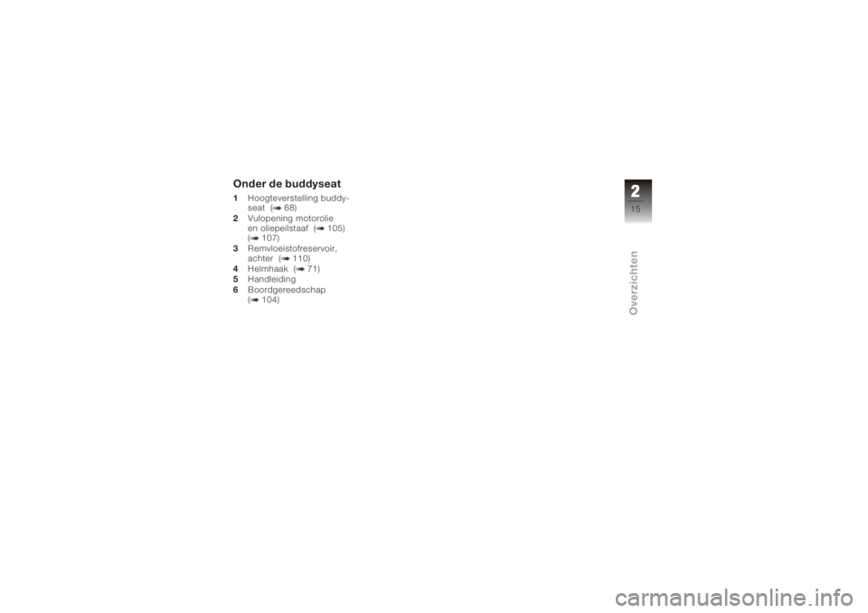 BMW MOTORRAD K 1200 GT 2006  Handleiding (in Dutch) Onder de buddyseat1Hoogteverstelling buddy-
seat ( 68)
2 Vulopening motorolie
en oliepeilstaaf ( 105)
( 107)
3 Remvloeistofreservoir,
achter ( 110)
4 Helmhaak ( 71)
5 Handleiding
6 Boordgereedschap
( 