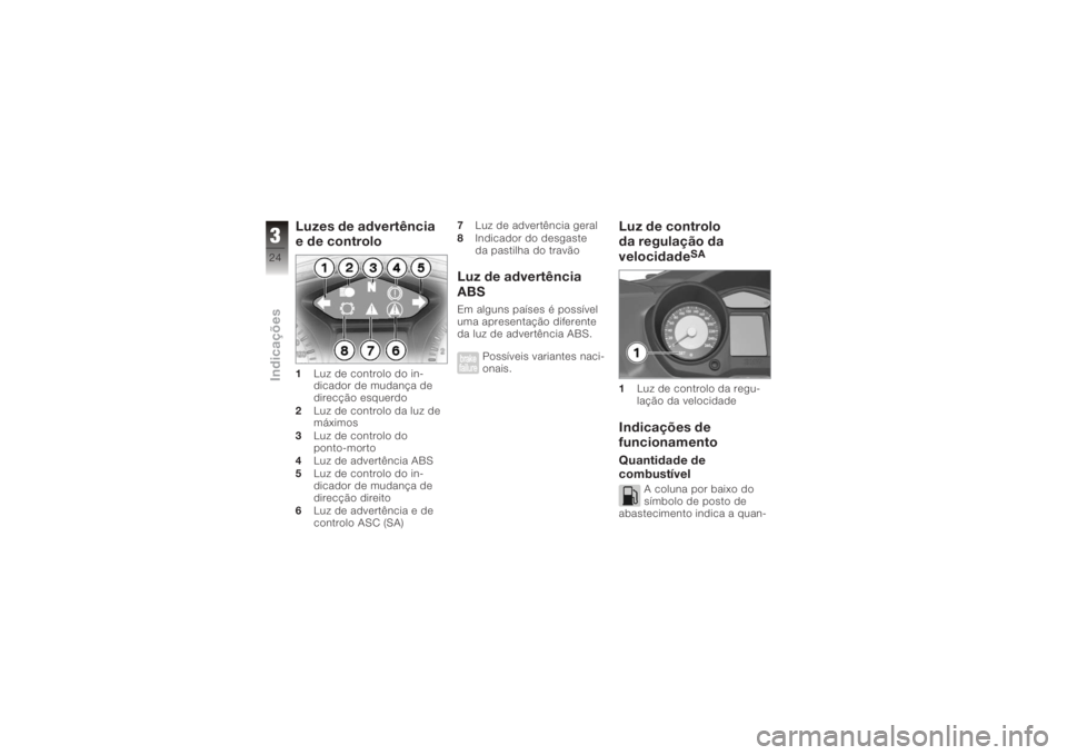 BMW MOTORRAD K 1200 GT 2006  Manual do condutor (in Portuguese) Luzes de advertência
e de controlo1Luz de controlo do in-
dicador de mudança de
direcção esquerdo
2 Luz de controlo da luz de
máximos
3 Luz de controlo do
ponto-morto
4 Luz de advertência ABS
5 