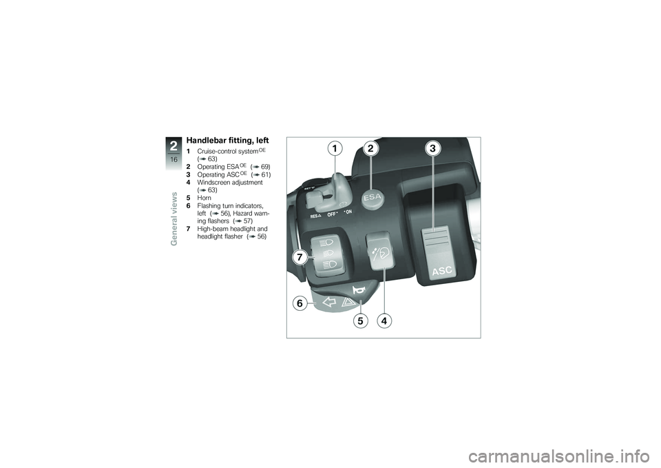 BMW MOTORRAD K 1200 GT 2007  Riders Manual (in English) Handlebar fitting, left1Cruise-control system
OE
( 63)
2 Operating ESA
OE
( 69)
3 Operating ASC
OE
( 61)
4 Windscreen adjustment
( 63)
5 Horn
6 Flashing turn indicators,
left ( 56), Hazard warn-
ing f
