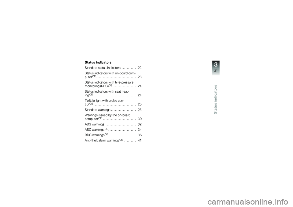 BMW MOTORRAD K 1200 GT 2007  Riders Manual (in English) Status indicators
Status indicators
Standard status indicators........... 22
Status indicators with on-board com-
puter
OE
.............................. 23
Status indicators with tyre-pressure
monito