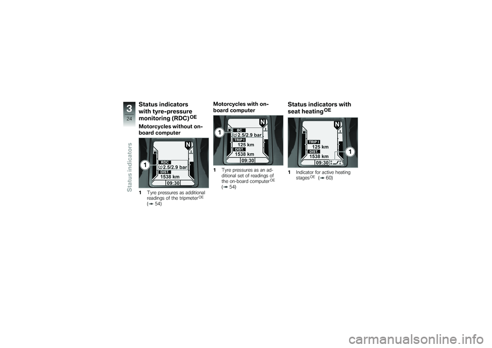 BMW MOTORRAD K 1200 GT 2007 Riders Manual (in English) Status indicators
with tyre-pressure
monitoring (RDC)
OE
Motorcycles without on-
board computer1Tyre pressures as additional
readings of the tripmeter
OE
( 54)
Motorcycles with on-
board computer1Tyre BMW MOTORRAD K 1200 GT 2007 Riders Manual (in English) Status indicators
with tyre-pressure
monitoring (RDC)
OE
Motorcycles without on-
board computer1Tyre pressures as additional
readings of the tripmeter
OE
( 54)
Motorcycles with on-
board computer1Tyre