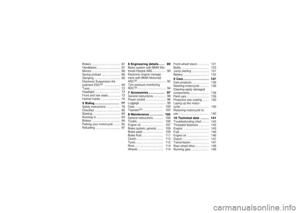 BMW MOTORRAD K 1200 GT 2007 Riders Manual (in English) Brakes . . . . . .................. 67
Handlebars . . ................. 67
Mirrors . . . . . . ................. 68
Spring preload . . ............. 68
Damping . . . . ................. 69
Electronic BMW MOTORRAD K 1200 GT 2007 Riders Manual (in English) Brakes . . . . . .................. 67
Handlebars . . ................. 67
Mirrors . . . . . . ................. 68
Spring preload . . ............. 68
Damping . . . . ................. 69
Electronic
