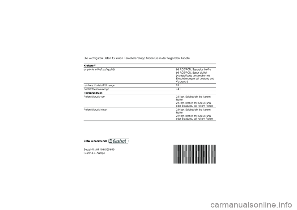 BMW MOTORRAD K 1200 GT 2007 Betriebsanleitung (in German) Die wichtigsten Daten für einen Tankstellenstopp finden Sie in der folgenden Tabelle.Kraftstoff
empfohlene Kraftstoffqualität98 ROZ/RON, Superplus bleifrei
95 ROZ/RON, Super bleifrei
(Kraftstoffsort BMW MOTORRAD K 1200 GT 2007 Betriebsanleitung (in German) Die wichtigsten Daten für einen Tankstellenstopp finden Sie in der folgenden Tabelle.Kraftstoff
empfohlene Kraftstoffqualität98 ROZ/RON, Superplus bleifrei
95 ROZ/RON, Super bleifrei
(Kraftstoffsort