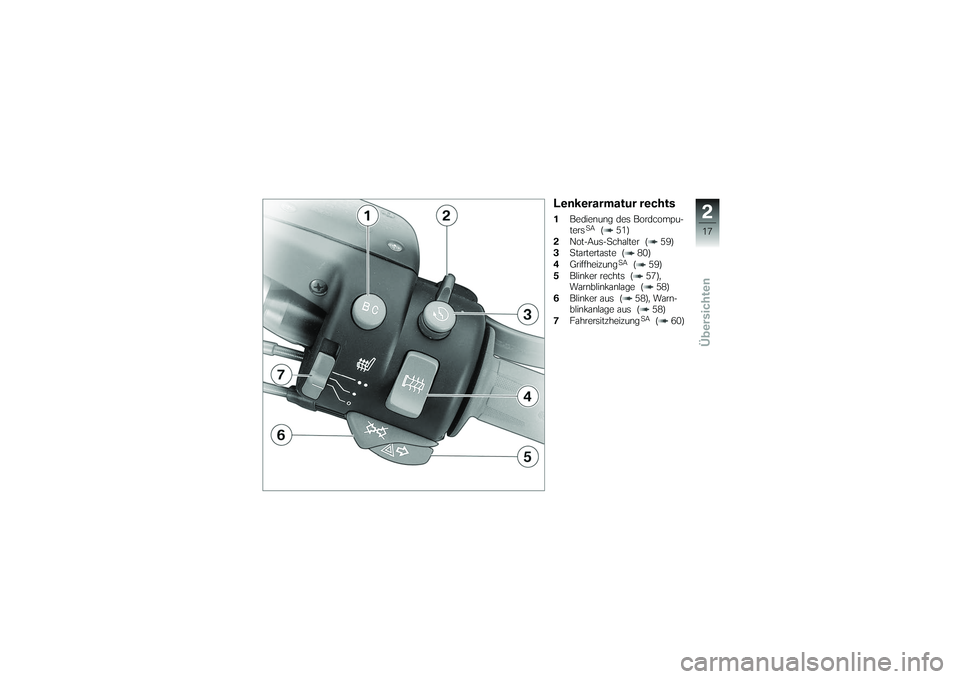 BMW MOTORRAD K 1200 GT 2007 Betriebsanleitung (in German) Lenkerarmatur rechts1Bedienung des Bordcompu-
ters
SA
( 51)
2 Not-Aus-Schalter ( 59)
3 Startertaste ( 80)
4 Griffheizung
SA
( 59)
5 Blinker rechts ( 57),
Warnblinkanlage ( 58)
6 Blinker aus ( 58), War BMW MOTORRAD K 1200 GT 2007 Betriebsanleitung (in German) Lenkerarmatur rechts1Bedienung des Bordcompu-
ters
SA
( 51)
2 Not-Aus-Schalter ( 59)
3 Startertaste ( 80)
4 Griffheizung
SA
( 59)
5 Blinker rechts ( 57),
Warnblinkanlage ( 58)
6 Blinker aus ( 58), War