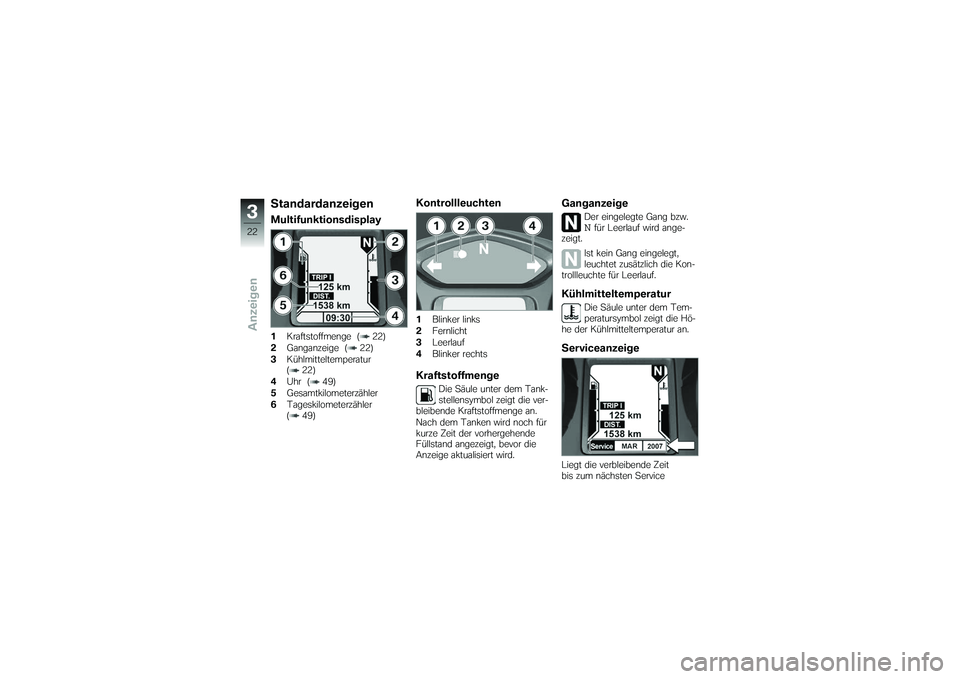 BMW MOTORRAD K 1200 GT 2007  Betriebsanleitung (in German) StandardanzeigenMultifunktionsdisplay1Kraftstoffmenge ( 22)
2 Ganganzeige ( 22)
3 Kühlmitteltemperatur
( 22)
4 Uhr ( 49)
5 Gesamtkilometerzähler
6 Tageskilometerzähler
( 49)
Kontrollleuchten1Blinke