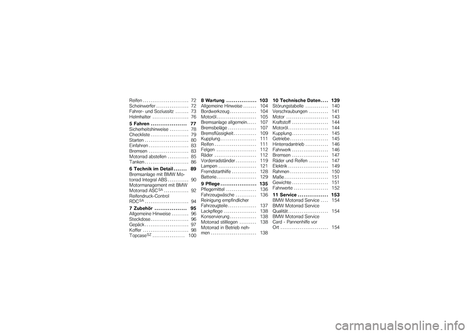 BMW MOTORRAD K 1200 GT 2007  Betriebsanleitung (in German) Reifen........................ 72
Scheinwerfer ................. 72
Fahrer- und Soziussitz . ...... 73
Helmhalter . . ................. 76
5 Fahren . . . ................ 77
Sicherheitshinweise . . . 