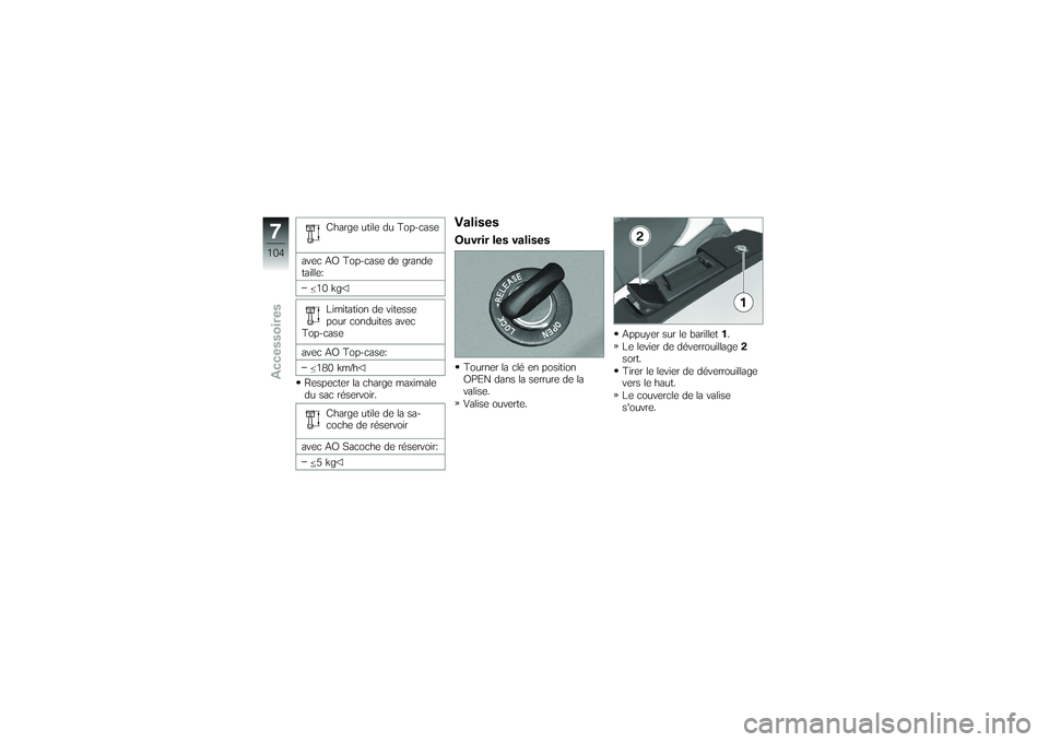 BMW MOTORRAD K 1200 GT 2007  Livret de bord (in French) Charge utile du Top-case
avec AO Top-case de grande
taille: 10 kg
Limitation de vitesse
pour conduites avec
Top-case
avec AO Top-case:
180 km/h
Respecter la charge maximale
du sac réservoir.
Charge u