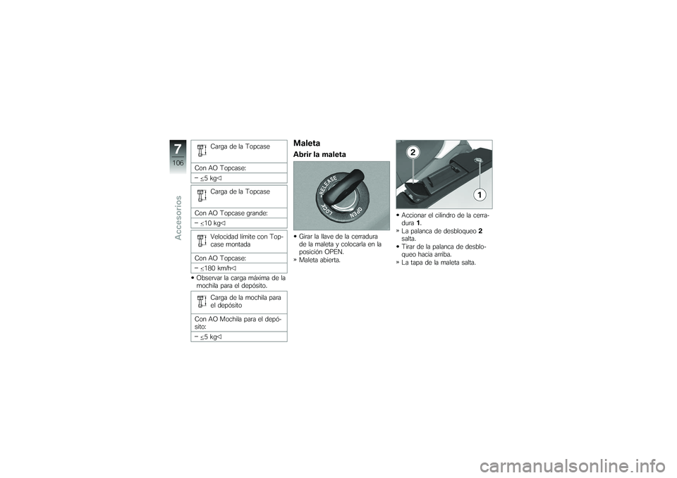 BMW MOTORRAD K 1200 GT 2007 Manual de instrucciones (in Spanish) Carga de la Topcase
Con AO Topcase: 5kg
Carga de la Topcase
Con AO Topcase grande: 10 kg
Velocidad límite con Top-
case montada
Con AO Topcase: 180 km/h
Observar la carga máxima de la
mochila para e BMW MOTORRAD K 1200 GT 2007 Manual de instrucciones (in Spanish) Carga de la Topcase
Con AO Topcase: 5kg
Carga de la Topcase
Con AO Topcase grande: 10 kg
Velocidad límite con Top-
case montada
Con AO Topcase: 180 km/h
Observar la carga máxima de la
mochila para e