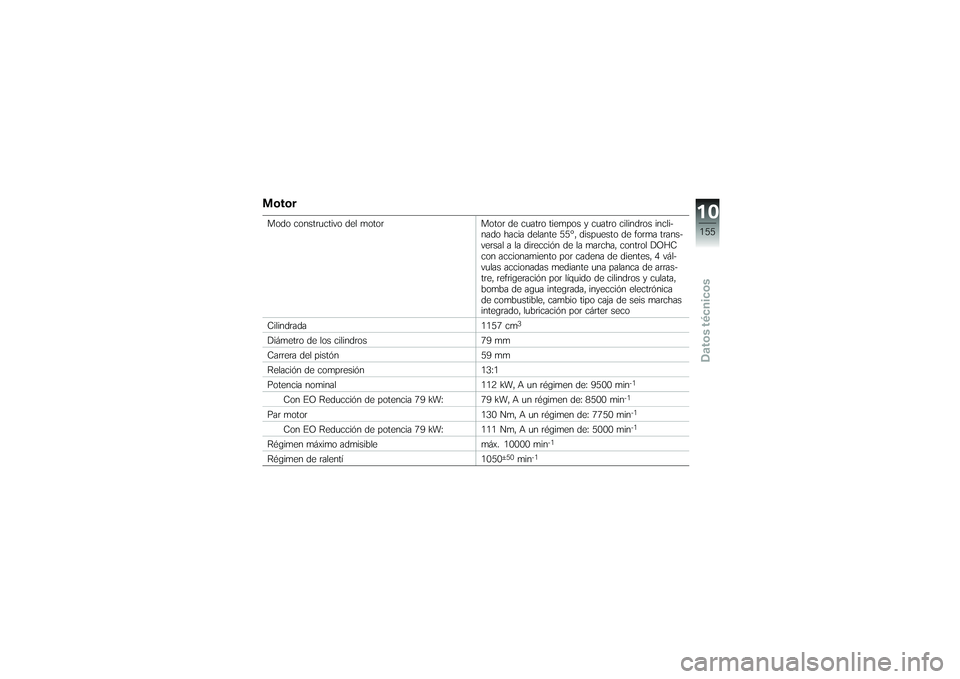 BMW MOTORRAD K 1200 GT 2007  Manual de instrucciones (in Spanish) MotorModo constructivo del motorMotor de cuatro tiempos y cuatro cilindros incli-
nado hacia delante 55º, dispuesto de forma trans-
versal a la dirección de la marcha, control DOHC
con accionamiento