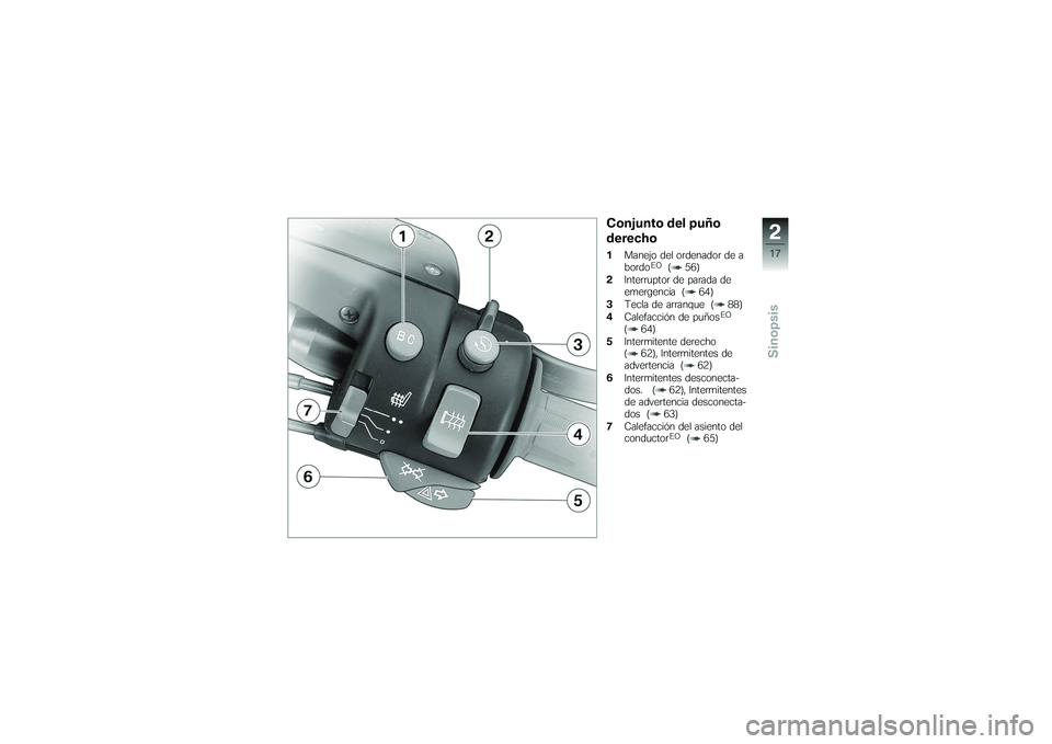 BMW MOTORRAD K 1200 GT 2007  Manual de instrucciones (in Spanish) Conjunto del puño
derecho1Manejo del ordenador de a
bordo
EO
( 56)
2 Interruptor de parada de
emergencia ( 64)
3 Tecla de arranque ( 88)
4 Calefacción de puños
EO
( 64)
5 Intermitente derecho
( 62)