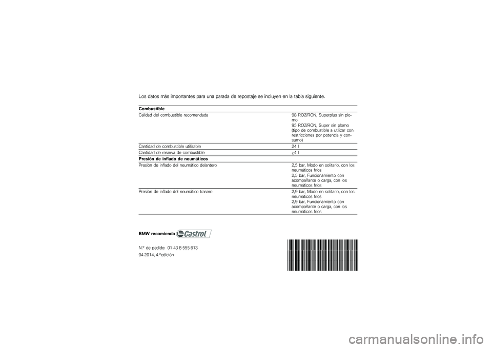 BMW MOTORRAD K 1200 GT 2007  Manual de instrucciones (in Spanish) Los datos más importantes para una parada de repostaje se incluyen en la tabla siguiente.Combustible
Calidad del combustible recomendada98 ROZ/RON, Superplus sin plo-
mo
95 ROZ/RON, Super sin plomo
(