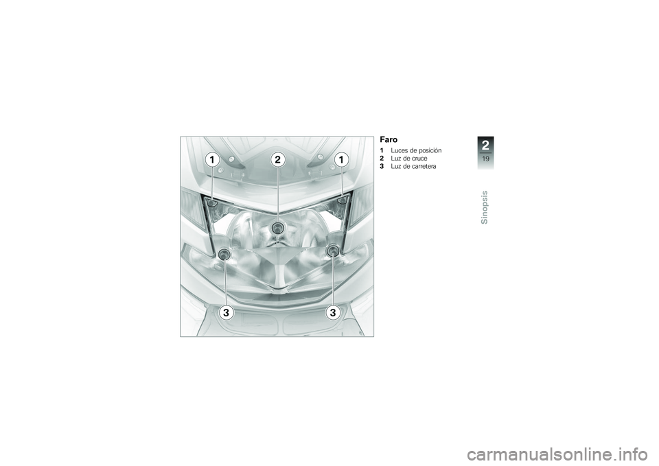 BMW MOTORRAD K 1200 GT 2007  Manual de instrucciones (in Spanish) Faro1Luces de posición
2 Luz de cruce
3 Luz de carretera
219zSinopsis 