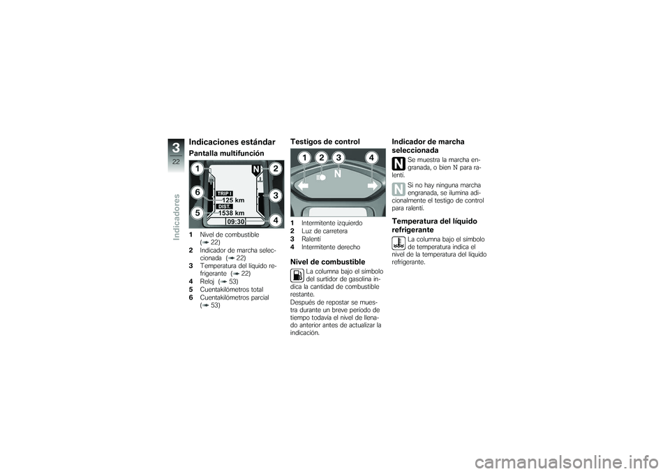 BMW MOTORRAD K 1200 GT 2007  Manual de instrucciones (in Spanish) Indicaciones estándarPantalla multifunción1Nivel de combustible
( 22)
2 Indicador de marcha selec-
cionada ( 22)
3 Temperatura del líquido re-
frigerante ( 22)
4 Reloj ( 53)
5 Cuentakilómetros tot