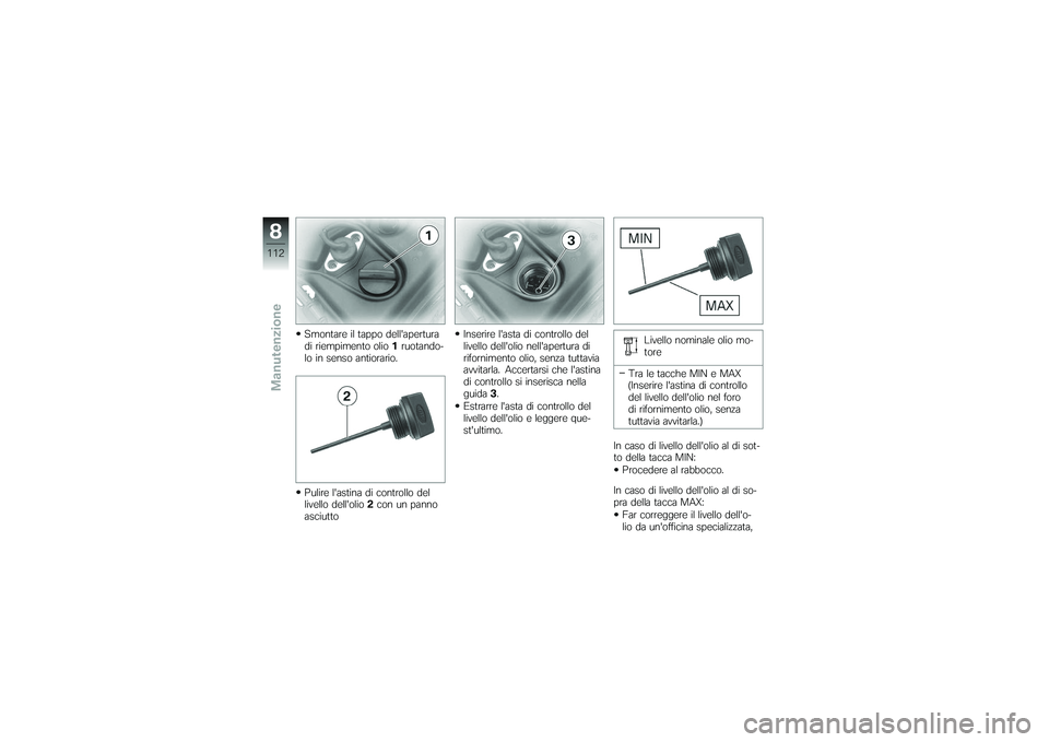 BMW MOTORRAD K 1200 GT 2007 Libretto di uso e manutenzione (in Italian) Smontare il tappo dellapertura
di riempimento olio1ruotando-
lo in senso antiorario.
Pulire lastina di controllo del
livello dellolio 2con un panno
asciutto Inserire lasta di controllo del
livello BMW MOTORRAD K 1200 GT 2007 Libretto di uso e manutenzione (in Italian) Smontare il tappo dellapertura
di riempimento olio1ruotando-
lo in senso antiorario.
Pulire lastina di controllo del
livello dellolio 2con un panno
asciutto Inserire lasta di controllo del
livello