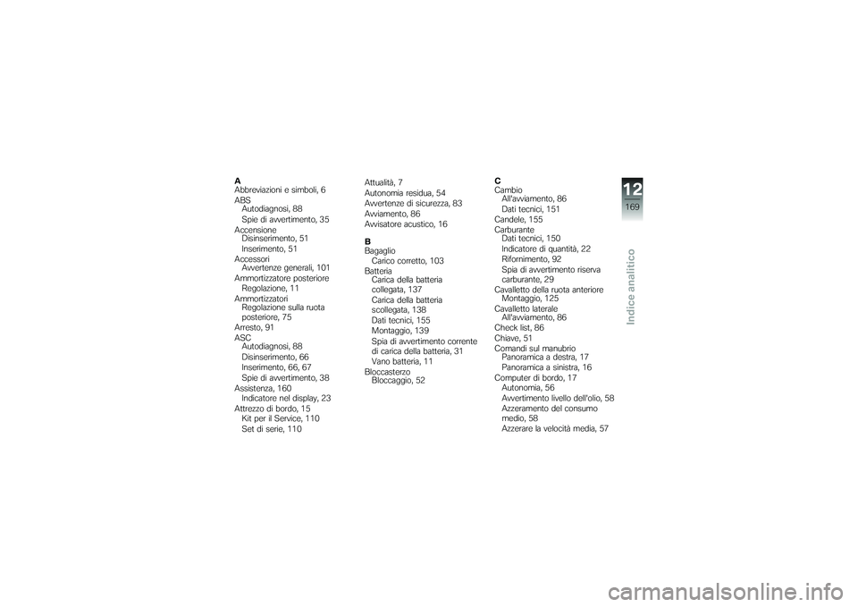 BMW MOTORRAD K 1200 GT 2007 Instruktionsbok (in Swedish) A
Abbreviazioni e simboli, 6
ABSAutodiagnosi, 88
Spie di avvertimento, 35
Accensione Disinserimento, 51
Inserimento, 51
Accessori Avvertenze generali, 101
Ammortizzatore posteriore Regolazione, 11
Amm BMW MOTORRAD K 1200 GT 2007 Instruktionsbok (in Swedish) A
Abbreviazioni e simboli, 6
ABSAutodiagnosi, 88
Spie di avvertimento, 35
Accensione Disinserimento, 51
Inserimento, 51
Accessori Avvertenze generali, 101
Ammortizzatore posteriore Regolazione, 11
Amm