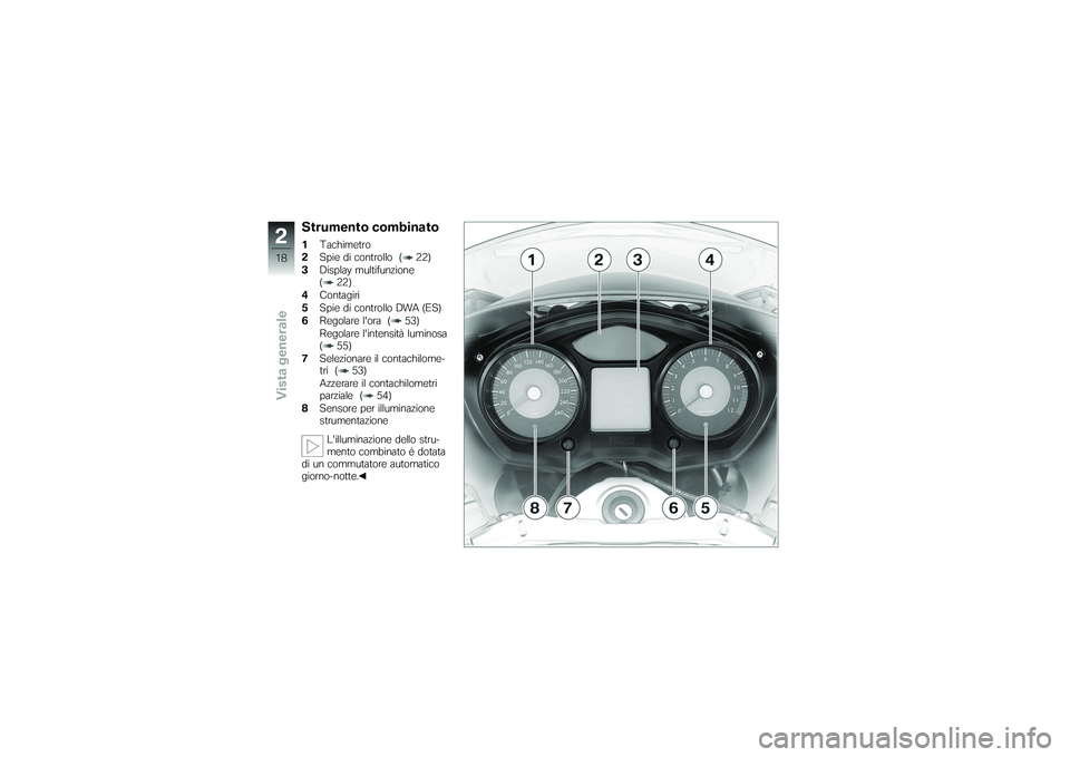 BMW MOTORRAD K 1200 GT 2007  Libretto di uso e manutenzione (in Italian) Strumento combinato1Tachimetro
2 Spie di controllo ( 22)
3 Display multifunzione
( 22)
4 Contagiri
5 Spie di controllo DWA (ES)
6 Regolare lora ( 53)
Regolare lintensità luminosa
( 55)
7 Selezionar