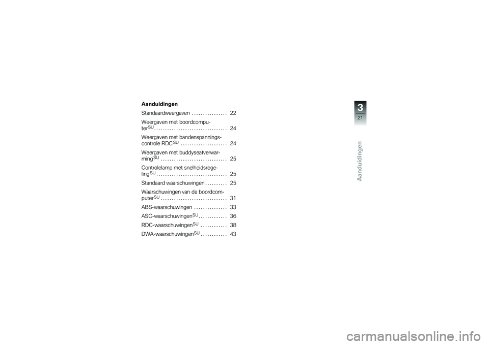 BMW MOTORRAD K 1200 GT 2007  Handleiding (in Dutch) Aanduidingen
Aanduidingen
Standaardweergaven................ 22
Weergaven met boordcompu-
ter
SU
................................. 24
Weergaven met bandenspannings-
controle RDC
SU
...................