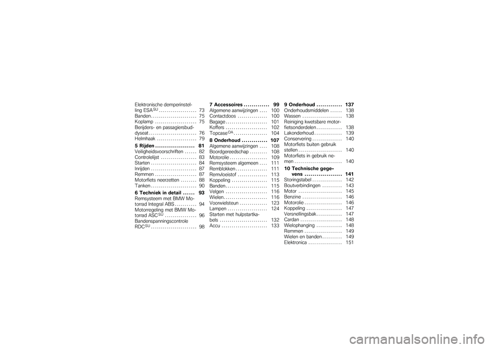BMW MOTORRAD K 1200 GT 2007  Handleiding (in Dutch) Elektronische demperinstel-
ling ESA
SU
................... 73
Banden . . . . . . ................. 75
Koplamp . . . . ................. 75
Berijders- en passagiersbud-
dyseat ........................