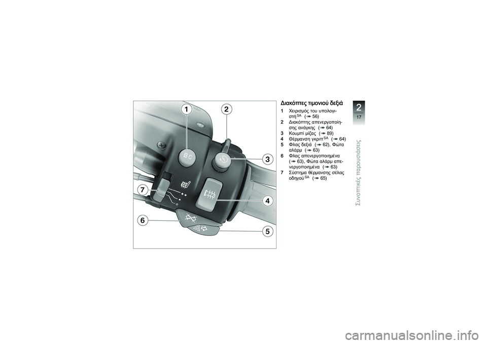 BMW MOTORRAD K 1200 GT 2007  Εγχειρίδιο ιδιοκτήτη (in Greek) Διακόπτες τιμονιού δεξιά1Χειρισμός του υπολογι-
στή
SA
(56)
2 Διακόπτης απενεργοποίη-
σης ανάγκης ( 64)
3 Κουμπί μίζ