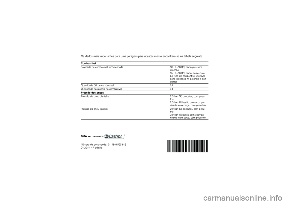 BMW MOTORRAD K 1200 GT 2007 Manual do condutor (in Portuguese) Os dados mais importantes para uma paragem para abastecimento encontram-se na tabela seguinte.Combustível
qualidade de combustível recomendada98 ROZ/RON, Superplus sem
chumbo
95 ROZ/RON, Super sem c BMW MOTORRAD K 1200 GT 2007 Manual do condutor (in Portuguese) Os dados mais importantes para uma paragem para abastecimento encontram-se na tabela seguinte.Combustível
qualidade de combustível recomendada98 ROZ/RON, Superplus sem
chumbo
95 ROZ/RON, Super sem c