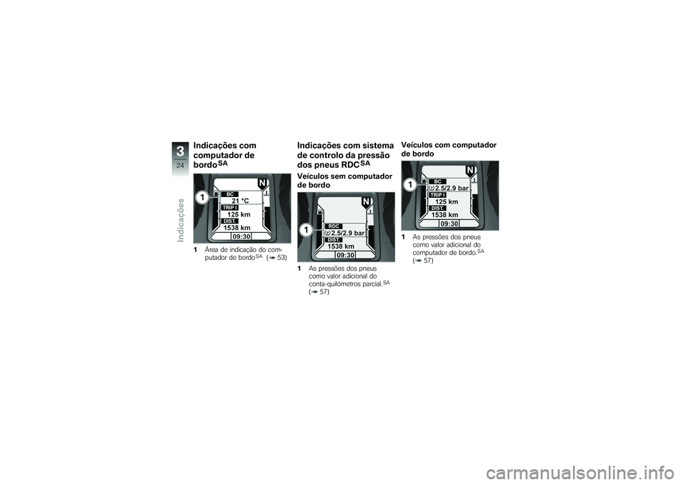 BMW MOTORRAD K 1200 GT 2007  Manual do condutor (in Portuguese) Indicações com
computador de
bordo
SA
1 Área de indicação do com-
putador de bordo
SA
( 53)
Indicações com sistema
de controlo da pressão
dos pneus RDC
SA
Veículos sem computador
de bordo1As 