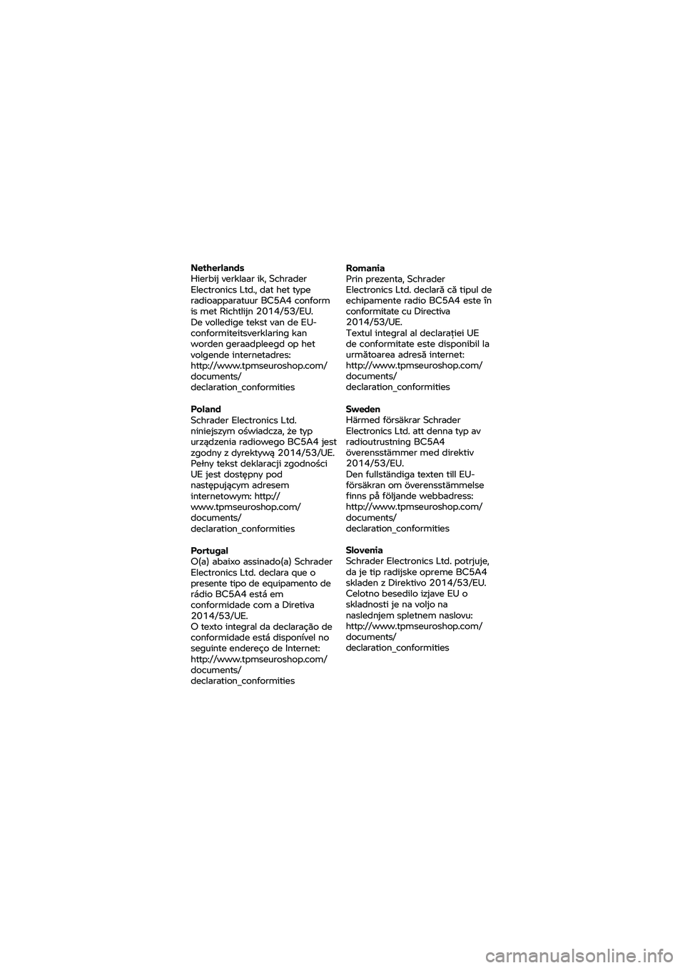 BMW MOTORRAD K 1600 B 2020  Riders Manual (in English) Netherlands 
Hierbij verklaar ik, Schrader 
Electronics 
Ltd., dat het type 
radioapparatuur BC5A4  conform 
is met  Richtlijn 2014/53/EU. 
De volledige tekst van de  EU-
conformiteitsverklar ing kan 