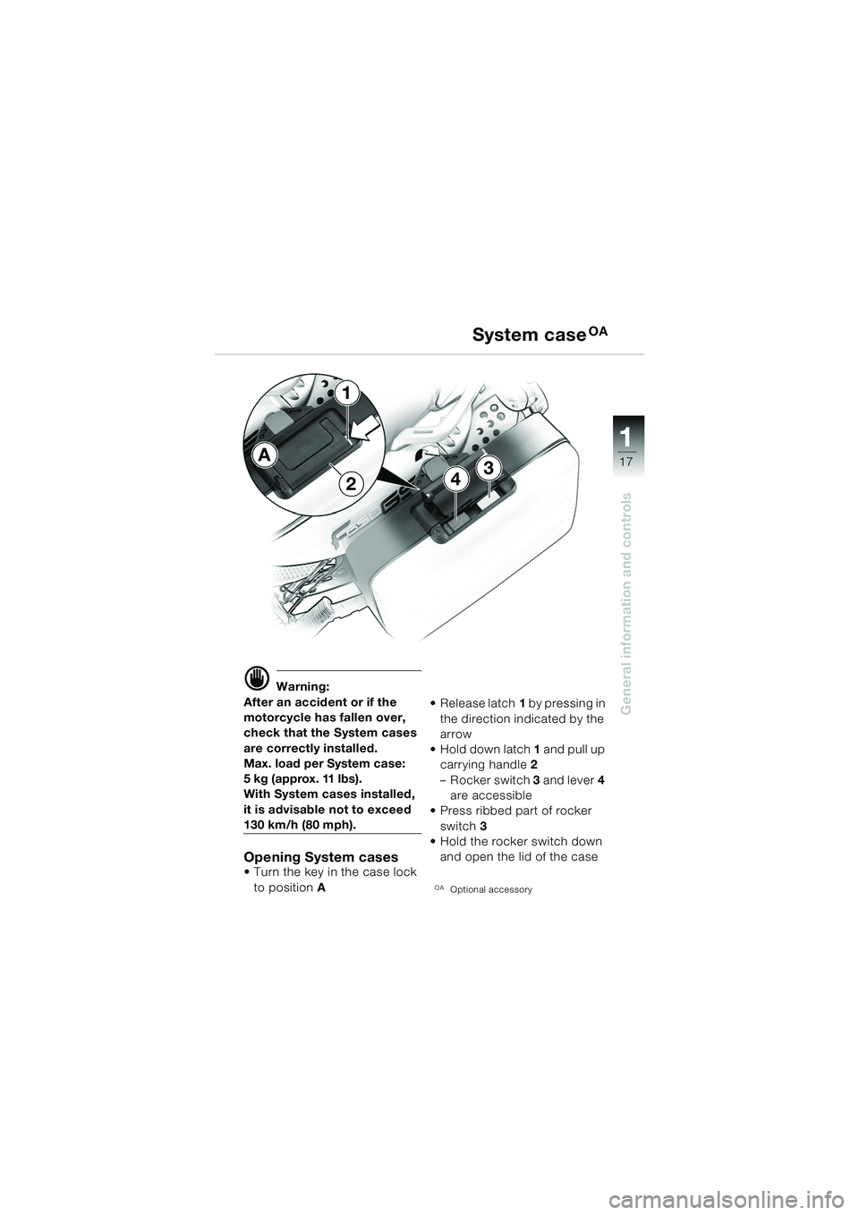 BMW MOTORRAD F 650 GS DAKAR 2003  Riders Manual (in English) 111
17
General information and controls
34
1
2
A
d Warning:
After an accident or if the 
motorcycle has fallen over, 
check that the System cases 
are correctly installed.
Max. load per System case: 
