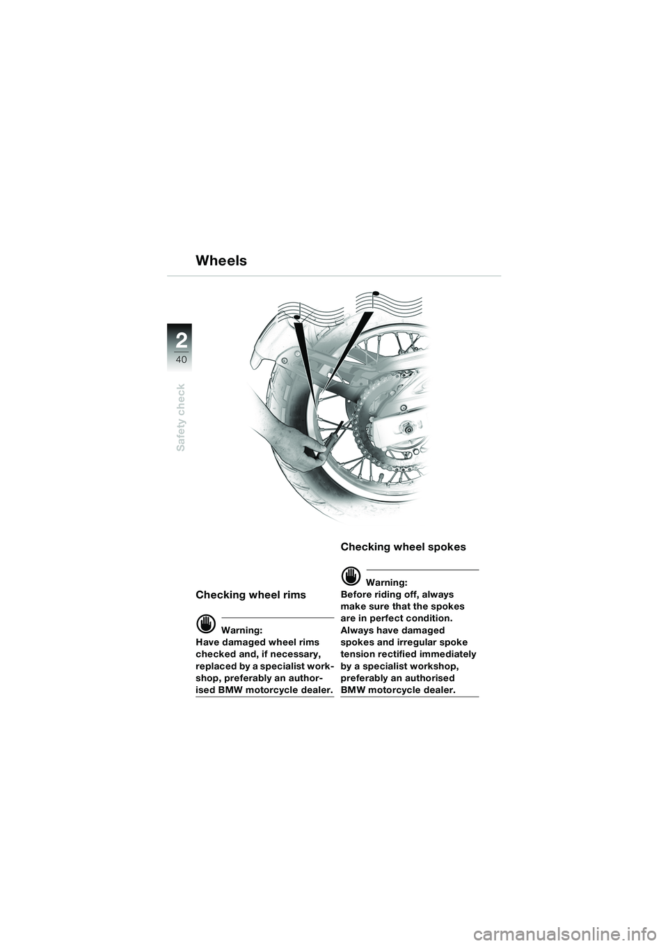 BMW MOTORRAD F 650 GS DAKAR 2003 Riders Manual (in English) 40
Safety check
2
Checking wheel rims
d Warning:
Have damaged wheel rims
checked and, if necessary,
replaced by a specialist work-
shop, preferably an author-
ised BMW motorcycle dealer.
Checking wh BMW MOTORRAD F 650 GS DAKAR 2003 Riders Manual (in English) 40
Safety check
2
Checking wheel rims
d Warning:
Have damaged wheel rims
checked and, if necessary,
replaced by a specialist work-
shop, preferably an author-
ised BMW motorcycle dealer.
Checking wh