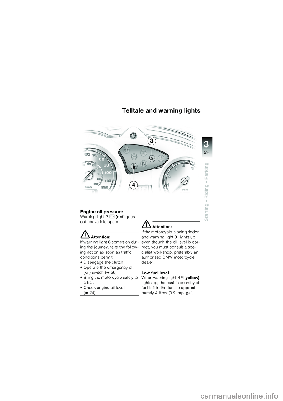 BMW MOTORRAD F 650 GS DAKAR 2003  Riders Manual (in English) 3
59
Starting – Riding – Parking
Engine oil pressureWarning light 3 p (red)  goes 
out above idle speed.
e Attention:
If warning light 3 comes on dur-
ing the journey, take the follow-
ing action 