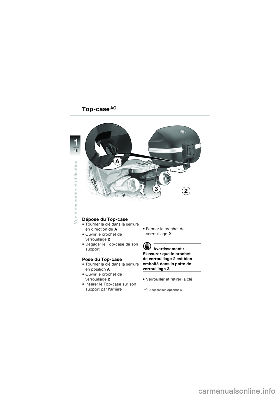 BMW MOTORRAD F 650 GS 2003  Livret de bord (in French) 11
16
Vue d’ensemble et utilisation
A
32
Dépose du Top-case Tourner la clé dans la serrure en direction de A
 Ouvrir le crochet de  verrouillage 2
 Dégager le Top-case de son  support
Pose du 