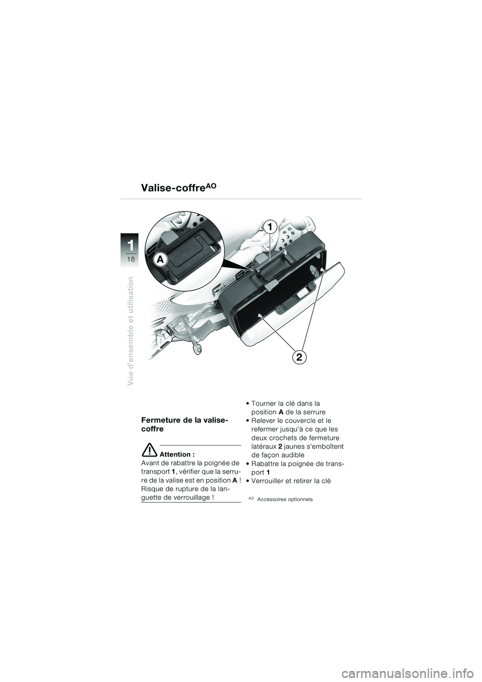 BMW MOTORRAD F 650 GS 2003  Livret de bord (in French) 11
18
Vue d’ensemble et utilisation
Valise-coffreAO
Fermeture de la valise-
coffre
e Attention :
Avant de rabattre la poignée de 
transport  1, vérifier que la serru-
re de la valise est en positi