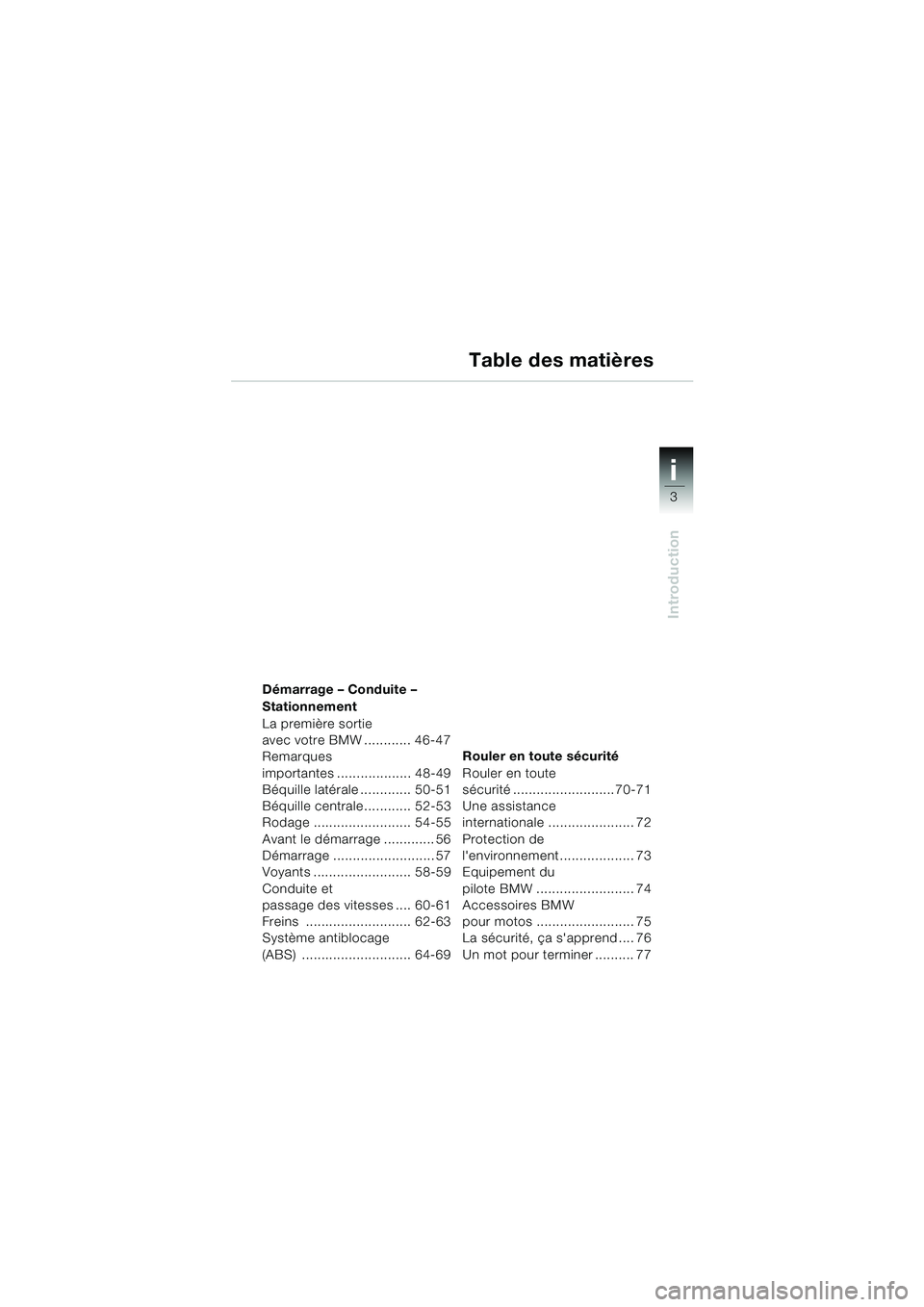BMW MOTORRAD F 650 GS 2003  Livret de bord (in French) i
3
Introduction
34
Démarrage – Conduite – 
Stationnement
La première sortie 
avec votre BMW ............ 46-47
Remarques 
importantes ................... 48-49
Béquille latérale .............