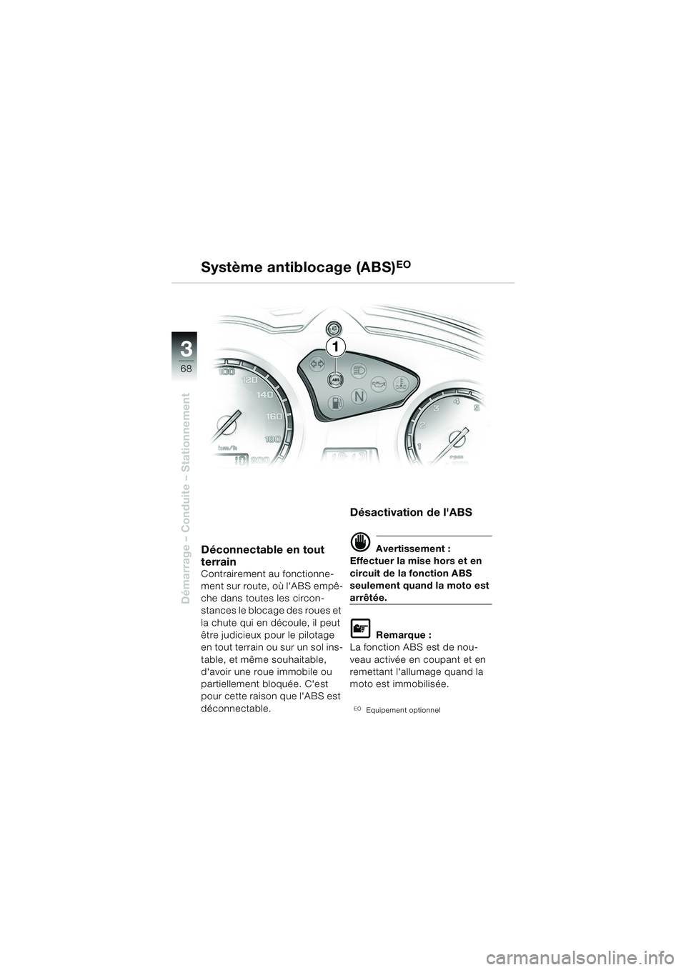 BMW MOTORRAD F 650 GS 2003  Livret de bord (in French) 3
68
Démarrage – Conduite – Stationnement
1
Système antiblocage (ABS)
EO
Déconnectable en tout 
terrain
Contrairement au fonctionne-
ment sur route, où lABS empê-
che dans toutes les circon-