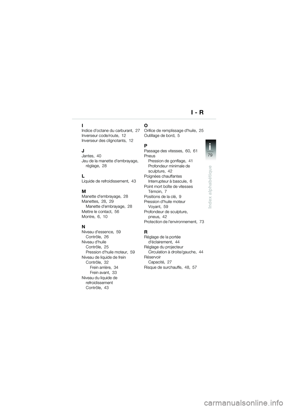 BMW MOTORRAD F 650 GS 2003  Livret de bord (in French) ii
79
Index alphabétique
IIndice d’octane du carburant, 27
Inverseur code/route, 12
Inverseur des clignotants, 12
JJantes, 40
Jeu de la manette d’embrayage, réglage, 28
LLiquide de refroidisseme