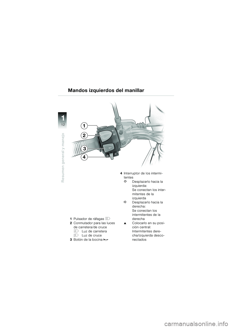 BMW MOTORRAD F 650 GS DAKAR 2003 Manual de instrucciones (in Spanish) 11
12
Resumen general y manejo
1Pulsador de ráfagas H
2Conmutador para las luces
de carretera/de cruce
FLuz de carretera
GLuz de cruce
3 Botón de la bocina
z
4Interruptor de los intermi-
tentes
YD BMW MOTORRAD F 650 GS DAKAR 2003 Manual de instrucciones (in Spanish) 11
12
Resumen general y manejo
1Pulsador de ráfagas H
2Conmutador para las luces
de carretera/de cruce
FLuz de carretera
GLuz de cruce
3 Botón de la bocina
z
4Interruptor de los intermi-
tentes
YD