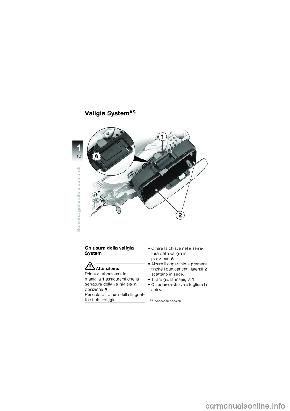 BMW MOTORRAD F 650 GS DAKAR 2003  Libretto di uso e manutenzione (in Italian) 11
18
Schema generale e comandi
Valigia SystemAS
Chiusura della valigia 
System
e Attenzione:
Prima di abbassare la 
maniglia 1 assicurarsi che la 
serratura della valigia sia in 
posizione A!
Pericol