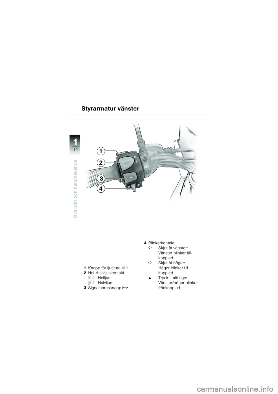 BMW MOTORRAD F 650 GS DAKAR 2003  Instruktionsbok (in Swedish) 11
12
Översikt och handhavande
1Knapp för ljustuta H
2Hel-/halvljuskontakt
FHelljus
GHalvljus
3 Signalhornsknapp 
z
4Blinkerkontakt
YSkjut åt vänster:
Vänster blinker till-
kopplad
WSkjut åt hö