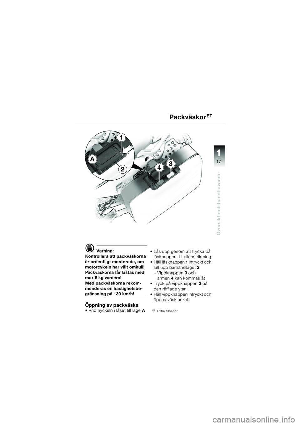 BMW MOTORRAD F 650 GS DAKAR 2003  Instruktionsbok (in Swedish) 111
17
Översikt och handhavande
34
1
2
A
d Varning:
Kontrollera att packväskorna 
är ordentligt monterade, om 
motorcykeln har vält omkull!
Packväskorna får lastas med 
max 5 kg vardera!
Med pac